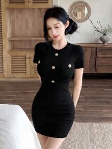新款春夏修身针织迷你连衣裙，收腰设计，凸显身材曲线，黑色 - 黑色 - 查看 3