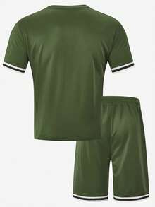 2pcs/Set Men's Loose Casual Sports T-Shirt And Shorts Set, Suitable For Young Adults, European And American Style, Spring/Summer Retro American,Unisex Summer Outfits,Suitable For Everyday Wear,Relaxed Fit ,Summer Holiday Outfits - Army Green - View 3