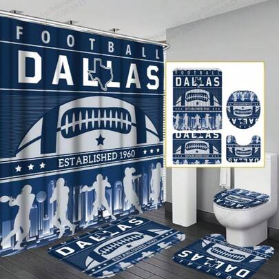 4件套达拉斯橄榄球主题浴室套装 - 防滑地毯、U型马桶垫、马桶座套 - 运动主题浴室装饰
