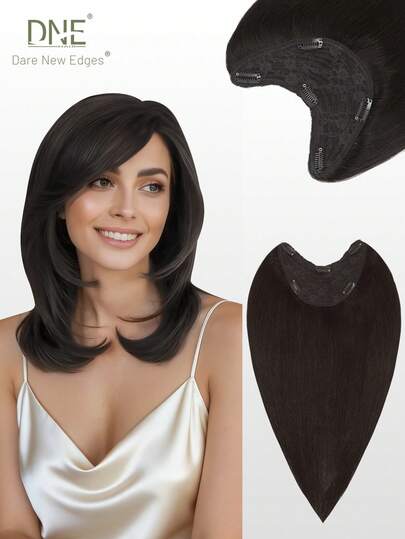 DNE HAIR Una pieza de extensiones de cabello con clip en forma de V, 100% cabello humano color 1B# color natural, cabello liso para mujeres, fácil de peinar, ligero, transpirable, invisible, adecuado para todo tipo de cabello y uso diario y amantes de la moda