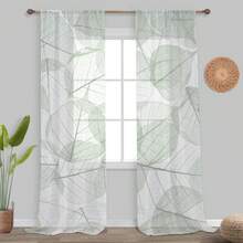 2片装白色和绿色半透明叶脉印花简约植物风格平纹薄纱窗帘，100%涤纶面料，杆袋式，无衬里，90克/平方米，宽度180厘米，适用于卧室、客厅、餐厅和浴室。 - 彩色 - 查看 7