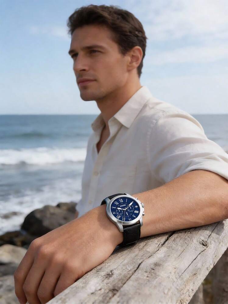 Fossil Vintage Men's Classic Elegant Quartz Watch, Navy Blue Dial With Roman Numerals, Black Leather Strap, Chronograph, Business & Casual Gentleman's Wristwatch, Suitable For Office And Daily Wear, Ideal Gift - Blue - View 3