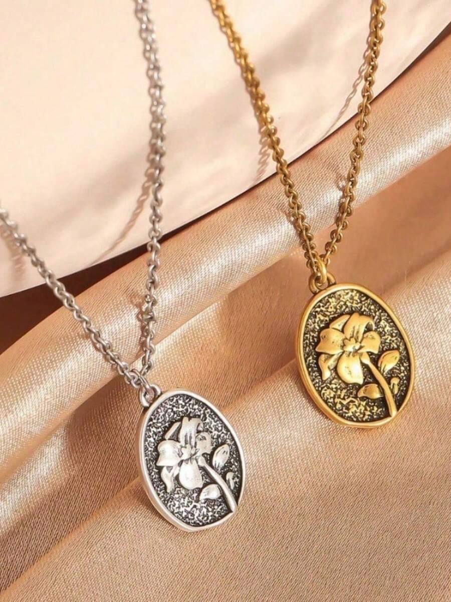 1pc Exquisite & Fashionable Women's Copper High-Color Retention Embossed Floral Necklace, Delicate Women Necklace - A - View 1