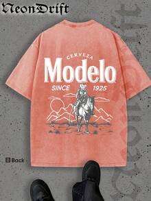 Y2K Style, Cool  UFO Elements, Outdoor Sports Vibe, Modern Street Style, Fashionable Pure Cotton Vintage Washed T-Shirt With Loose Fit, Unisex Design. A Perfect Surprise Gift For Family And Friends. Features Dropped Shoulder Sleeves + Crew Neck, Made Of High-Quality Batik Cotton, A Retro Fashion Brand T-Shirt. With Moderate Thickness, It's Ideal For Summer Wear And A Top Choice For Holiday Gifting. - Màu Cam san hô - Xem 3