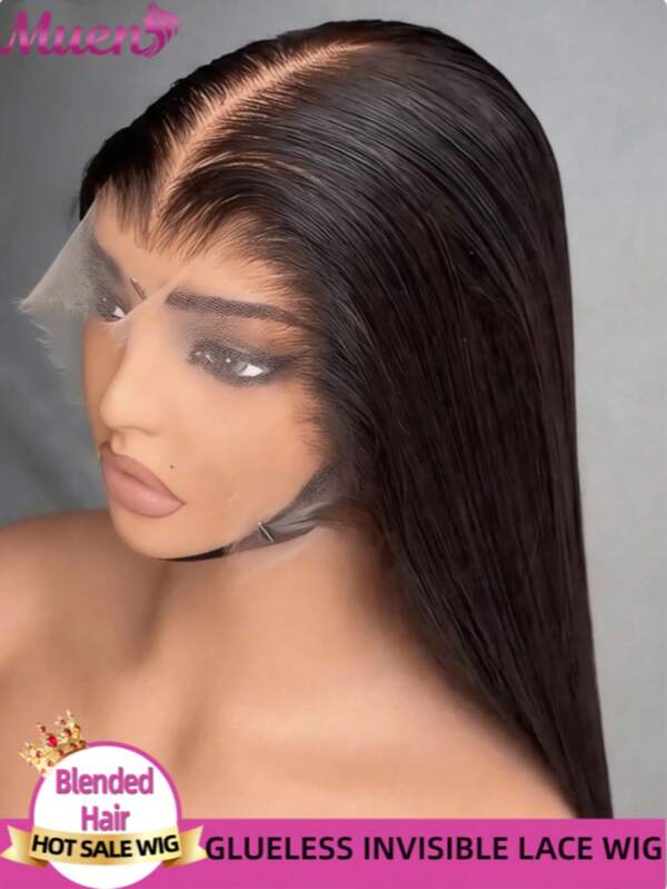 Peruca frontal de renda lisa, cabelo humano brasileiro misto, renda frontal transparente HD 13x4 para mulheres, peruca de fechamento de renda 5x5 sem cola, cabelo virgem brasileiro, nós invisíveis pré-desfiados, adequada para mulheres usarem no dia a dia ou em ocasiões festivas.