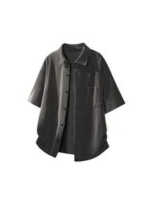 黑色柔软舒适纹理面料男士衬衫，经典领型，宽松短袖，可机洗，适合夏季度假、海滩休闲穿着。 - 黑色 - 查看 5