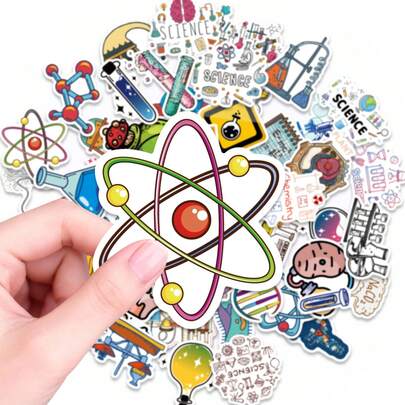 Cool Science Sticker Pack - 50 Pcs Fun Cartoon Decals Of Atoms, Lab Equipment & Formulas For School Supplies, Laptop, Water Bottle To Make Learning Fun Science Stickers