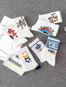 1/5/8 Pairs Retro American Style Sports Mid-Calf Socks, National Embroidered Text Design, Multiple Packs Available, Unisex Student Casual Socks - Multicolor - View 3