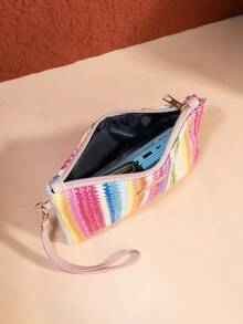 彩虹条纹编织草编斜挎包，夏季沙滩单肩包，女士时尚手提包，带可拆卸肩带，波西米亚风度假包 - 彩色 - 查看 5