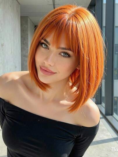 14 Inch Orange Short Bob Wig, Women's Synthetic Fiber Short Straight Hair For Summer Daily Wear, Party, Cosplay, Music Festival, Holiday, The Most Practical Gift For Girls