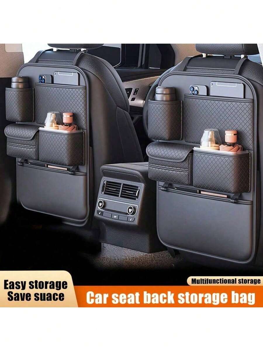 Leather Car Seat Back Storage Bag, Rear Seat Organizer Box For Bottles, Cups, Tissue, Anti-Kick Mat - Multicolor - View 1
