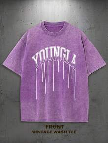 1PC Y2K Vintage Washed T-Shirt | Men's Graphic Tee | YLA Dripping Skull Design Pattern | Gifts For Men Or Boyfriend | 100% Cotton | 230Gsm Thickened Fabric | Unisex - Purple - View 3