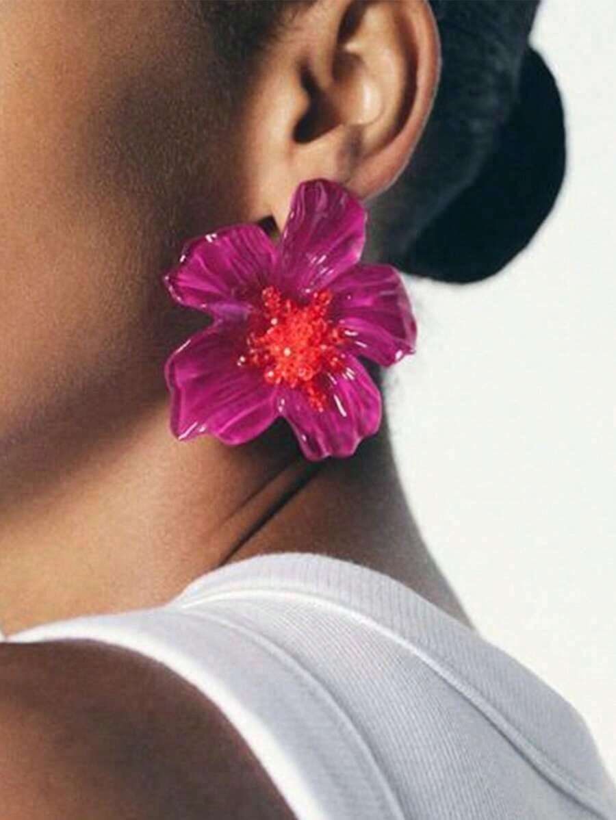 1Pair ZAA Colorful Resin Flower Earrings Women Luxury High Quality Elegant Holiday Party Jewelry Accessories - 黑色 - 查看 1