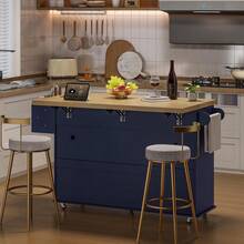 ONBRILL Blue 60" Kitchen Island With Drop Leaf, Rolling Kitchen On Wheels With Trash Storage Cabinet, Home Bar Islands Table With Spice Rack, Expandable Kitchen Island Cart With Towel Rack,  Mobile Island Table For Kitchen - Xanh đậm - Xem 5