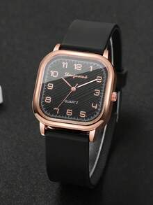 1 件女式石英手表，带硅表带，时尚方形表盘带数字标记，时尚休闲腕表（1 件/套），不含表盒 - 黑色 - 查看 8