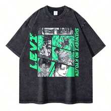 1 Piece, 2026, Eren Jaeger 2D T-Shirts, Vintage Washed Anime T-Shirts,  T-Shirt, Shingeki No Kyojin Manga, Mikasa Short Sleeve T-Shirts - 黑2 - 查看 1
