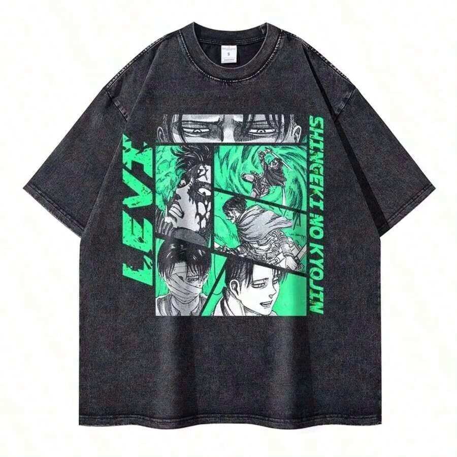 1 Piece, 2026, Eren Jaeger 2D T-Shirts, Vintage Washed Anime T-Shirts, T-Shirt, Shingeki No Kyojin Manga, Mikasa Short Sleeve T-Shirts - 黑2 - 查看 1