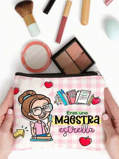 Cartoon Spanish Teacher Makeup Bag - "You Are A Teacher" Appreciation Gift Cosmetic Pouch With Pink Plaid, Multifunctional Large Capacity Travel Storage Bag, Gift For Teachers, Token Of Gratitude, Holiday Present