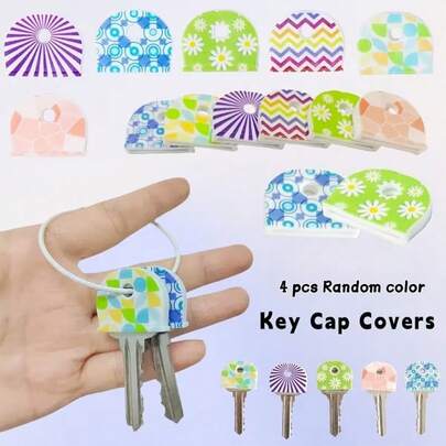 4pcs Silicone Key Caps, Colorful Floral Key Covers With Line, Flower, Circle Patterns, Novel Design, Flexible Key Identifier, Quick Recognition, Durable Material, Fun Design, Keychain Accessories, Suitable For Door Keys, Home Keys, Office Keys, Durable Anti-Slip Key Protector, Key ID Tag
