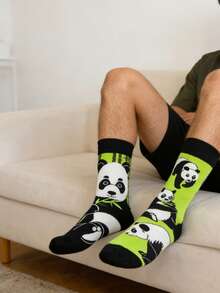 1 Pair Men's Black & Green Panda & Bamboo Pattern Mid-Calf Socks, & Versatile For All Seasons - Multicolor - View 5