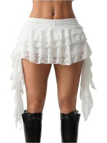 Minifalda Y2K para Mujer con Volantes de Encaje, Falda Asimétrica Linda, Falda Pantalón Plisada con Capas y Shorts - Blanco - Ver 7