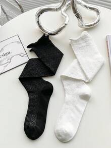 1 Pair Women's Knee-High Socks, Thin Black & White Slimming Leg Socks For Spring/Summer, Versatile Wear With Skirts - Multicolor - View 3