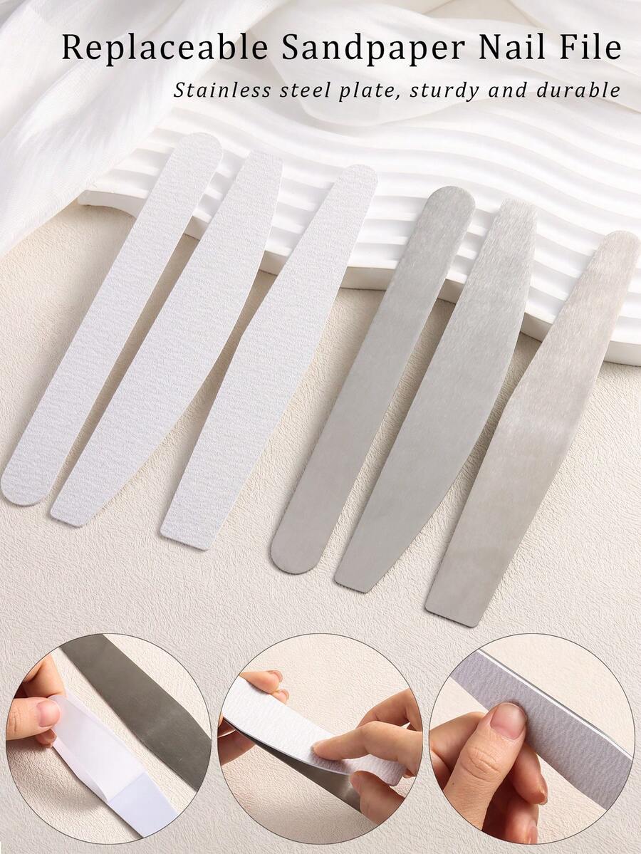 可替换砂纸条和不锈钢板，可重复使用且可清洗，不浪费，半月形、椭圆形、菱形专业指甲锉，指甲修剪工具，海绵抛光条
