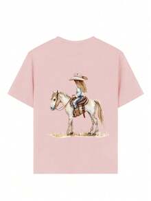 女童休闲趣味印花圆领短袖T恤，夏季上衣 - 粉色 - 查看 7