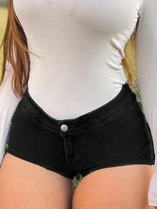 Women's Casual Black Straight Leg Denim Shorts With High Stretch Fabric And Pockets - 黑色 - 查看 4