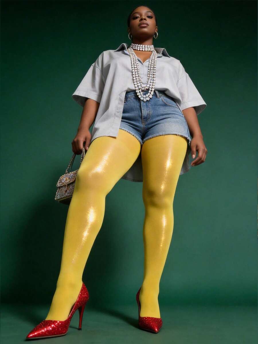 1pc Women's Plus Size Elastic Transparent Glossy Tight Tights Anti-Snag Shiny Yellow Pantyhose Fashion Sexy Nightclub Dancing Stockings - Yellow - View 1