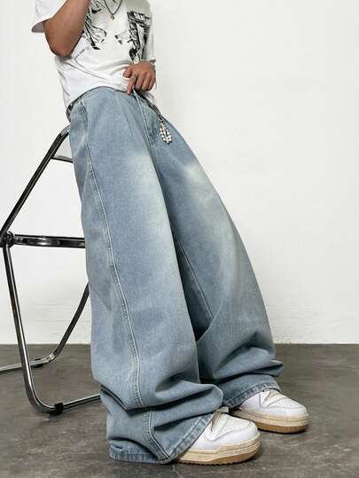 1件 Justice Brother 休闲宽松阔腿牛仔裤，百搭街头风设计，适合通勤，四季皆宜