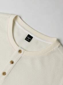 Men's Casual Solid Color Henley Neck Jacquard Waffle Short Sleeve Polo Shirt, Summer - Beige - View 6