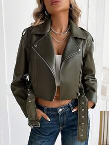 女士纯色简约日常拉链短外套 - 橄欖綠 - 查看 8