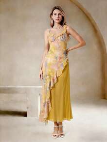 ELYRADIA Elegant Women's Sleeveless Printed Ruffled Slim-Fit Midi Dress Summer Beach Vacation Wear To Create A Stunning Figure - Yellow - View 3