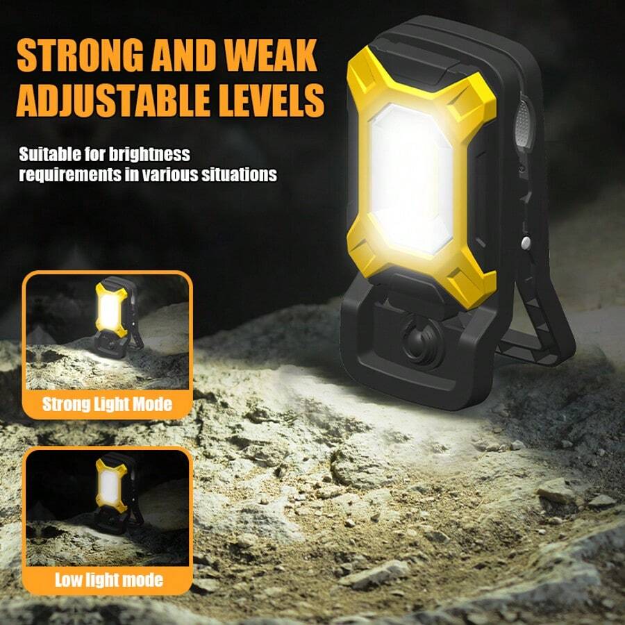 Rechargeable LED Work Light With Clip, Portable Floodlight, 360° Rotatable Site Lighting, Suitable For Outdoor Camping, Car Repair, Fishing, Factory Workshop - Yellow - View 1
