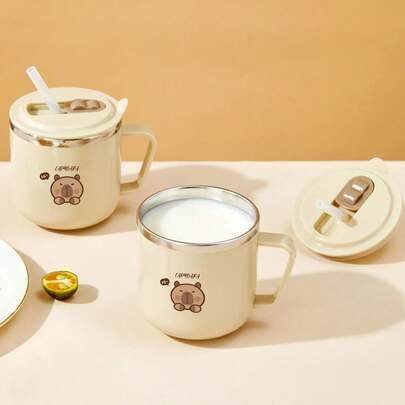 1个270毫升迷你可爱水豚牛奶杯，儿童水杯，带吸管和手柄，密封防漏316不锈钢吸管杯，便携式双层保温茶牛奶咖啡杯，防烫饮水杯，适合学生和成人居家、学校、办公室、聚会、露营、野餐等场合使用。