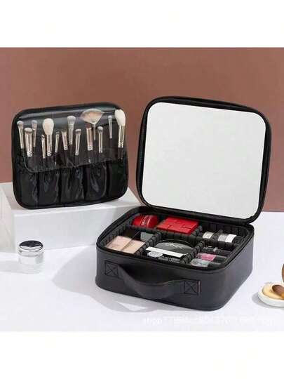 1pc Lightweight Portable Cosmetic Storage Box With Full Screen Mirror, Desktop Cosmetic Organizer, Cosmetic Bag