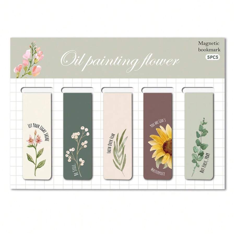 5PCS Artistic Floral Magnetic Bookmarks - Oil Painting Botanical Page Clips For Office Supplies & Reading Essentials - Multicolor - View 1