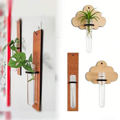 Cloud-Shaped Rectangular Wooden Wall-Mounted Planter With Test Tube Vase For Hydroponics, Minimalist Wall Decor For Living Room And Office, Outdoor And Garden Planter