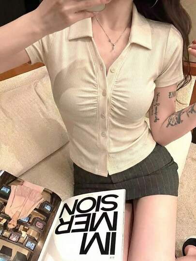 Flattering Short Sleeve Collared Shirt, American College Girl Style, Slimming Fitted Crop Top, Versatile For Spring/Summer