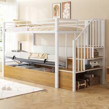 Iron Loft Bed, 90 X 200 Cm, Padded Backrest In Soft Polyurethane, Hydraulic Function, Safety Ladder, High Safety Rail, Bunk Bed, Children's Bed, White - White + MDF + Metal - View 12