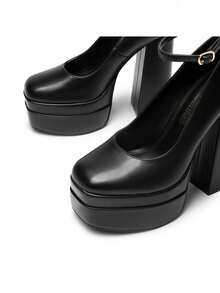 Women's High Chunky Platform Square Toe Heels Pumps Closed Toe Block Ankle Strap Solid Color Dress Fashion Party Y2K Shoes For Fall And WInter - màu đen - Xem 7