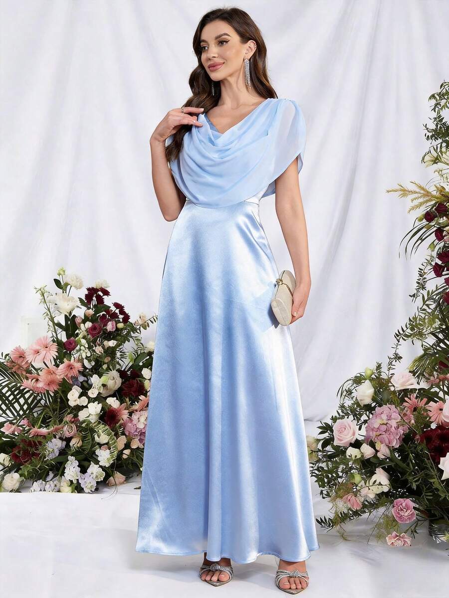 Solid Color Backless Draped Elegant Bridesmaid Dress Wedding Spring - Blue - View 1