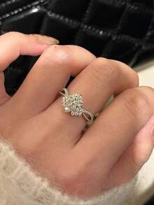 1 chiếc nhẫn đơn hở tinh tế bằng đồng, sang trọng, tối giản, thích hợp cho tiệc cưới/lễ hội, quà tặng cô dâu, đeo hàng ngày, đính đá Cubic Zirconia siêu nhỏ, dành cho nữ. - Bạc - Xem 3