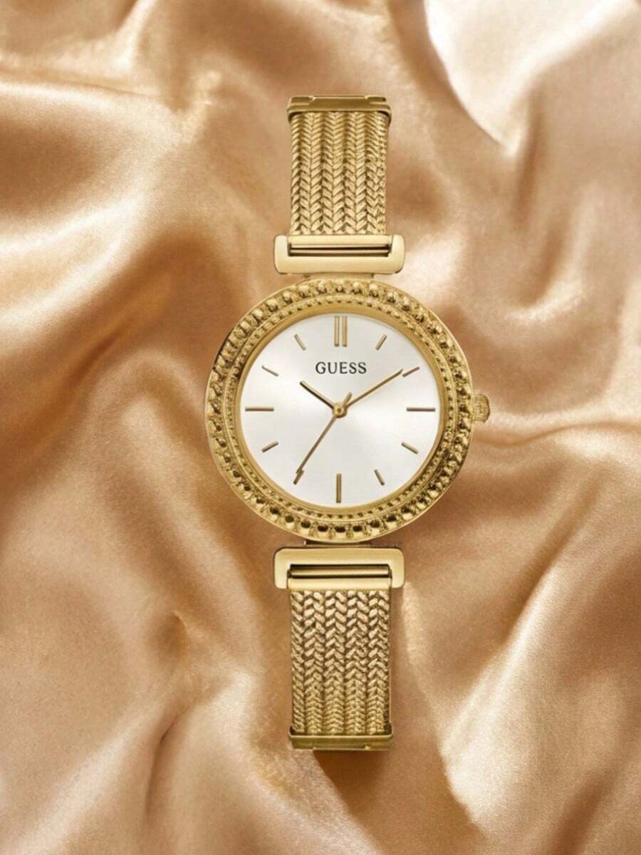 Guess W1152L3 现代女士石英表，银色圆形表盘，玫瑰金网状表带，休闲腕表，适合日常商务佩戴，节日礼物，情侣礼物 W1152L1/W1152L2/W1152L3 - 金色 - 查看 1