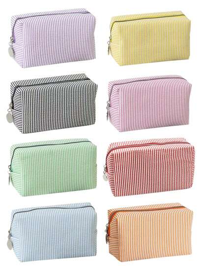 1pc Bubble Mesh Striped Zipper Cosmetic Bag, Convenient Travel Makeup Pouch, Large Capacity Toiletry Bag, Cute Home Storage Bag, Soft Fabric Travel Makeup Organizer, Multifunctional Item Storage Bag, Back To School Supplies, Travel Essentials, Beach & Summer Vacation Bag, School Makeup Bag, Back To School Supplies, Cosmetic Storage Bag, School Supplies Bag, Storage Bag And Dorm Essentials