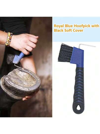 马蹄钩刷，用于清洁蹄泥，马厩设备，重型马匹护理工具，配有防滑人体工学手柄，可有效清洁蹄部，耐用不锈钢钩和硬毛刷，是马术护理、马厩用品和马主的理想之选。