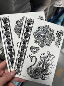 4 Full Hand Floral Lace Design Black Sexy Foot Finger Tattoo Stickers Female Finger Calf Lace Tattoo Stickers Paper Flower Waterproof Stickers Black Tattoo Stickers Women's Body Art Stickers Wedding Party Summer Beach Black Tattoo Stickers - Black - View 4