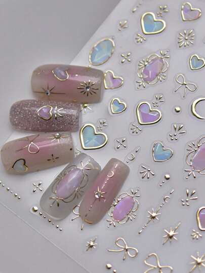 1pc 5D Shell Glossy Nail Stickers, Fashionable Gold Frame Heart, Butterfly, Moon & Star Nail Art Decorations, High Quality Manicure Accessories
