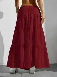 Chân váy chữ A phối nhiều mảnh màu trắng, cạp chun, buộc dây, dáng rộng dành cho nữ cỡ lớn, thích hợp cho mùa xuân/hè. - Màu Đỏ Sâu - Xem 2